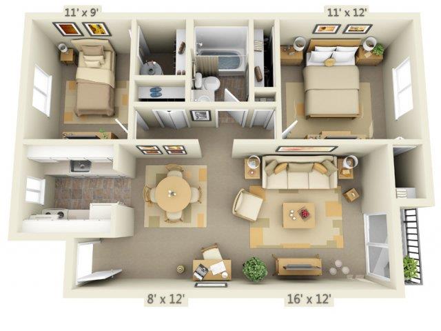 Floor plan for 2 beds, 1 bath, 776 sqft