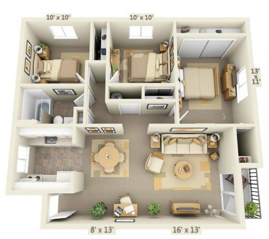 Floor plan for 3 beds, 1 bath, 943 sqft