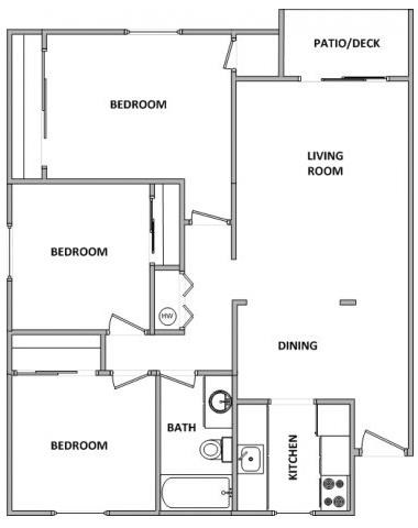 Floor plan for 3 beds, 1 bath, 943 sqft