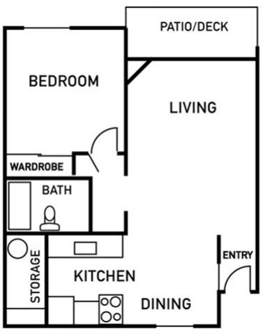 Floor plan for 1 bed, 1 bath, 592 sqft