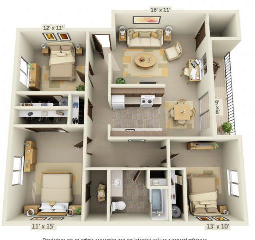 Floor plan for 3 beds, 1 bath, 1016 sqft