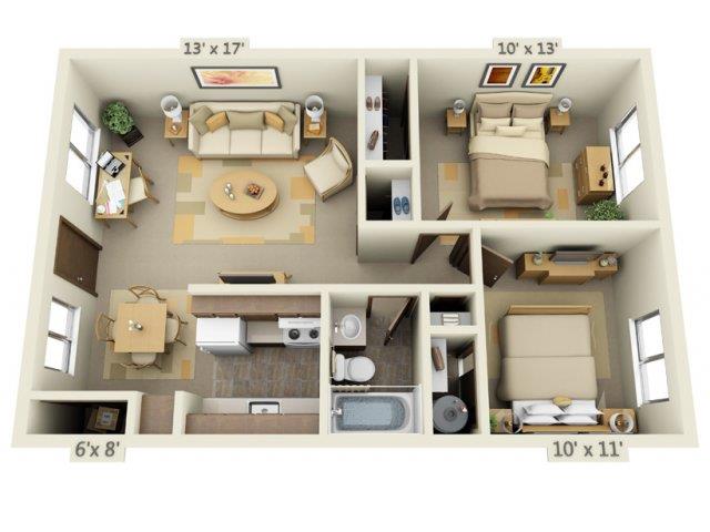 Floor plan for 2 beds, 1 bath, 748 sqft