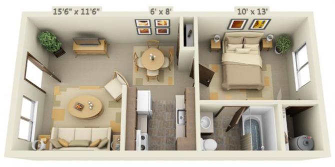 Floor plan for 1 bed, 1 bath, 544 sqft
