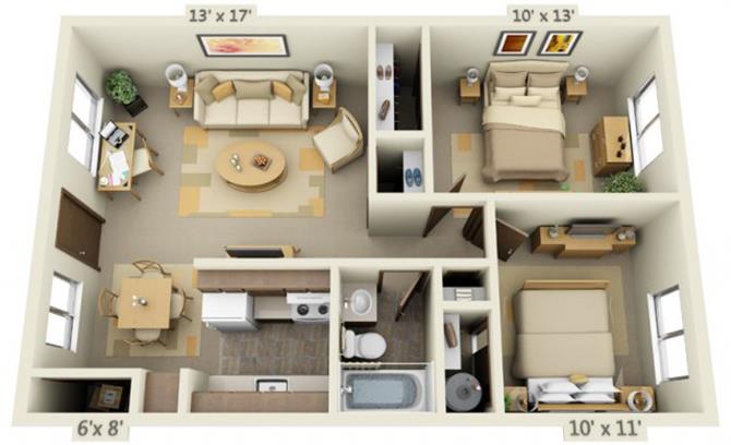 Floor plan for 2 beds, 1 bath, 748 sqft