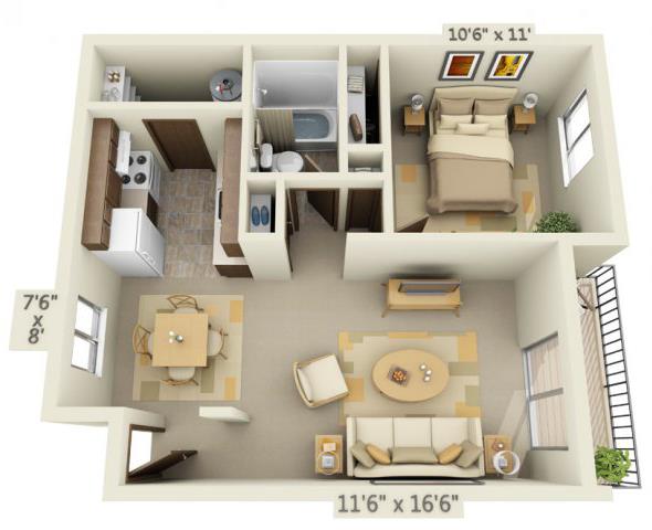 Floor plan for 1 bed, 1 bath, 592 sqft
