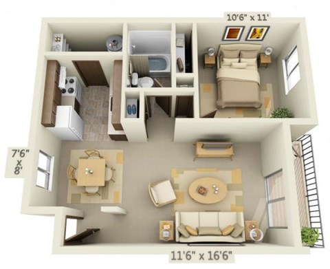 Floor plan for 1 bed, 1 bath, 592 sqft