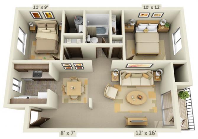 Floor plan for 2 beds, 1 bath, 776 sqft