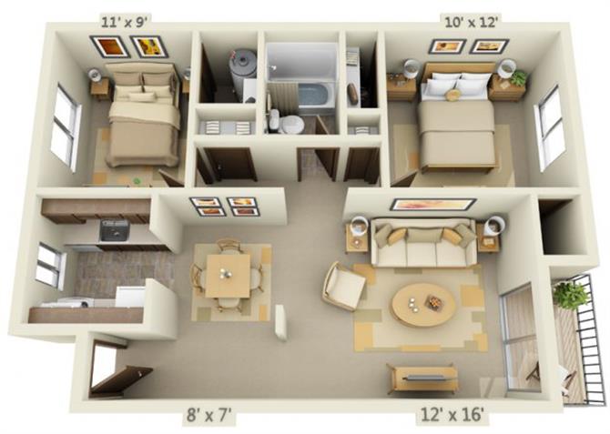Floor plan for 2 beds, 1 bath, 776 sqft