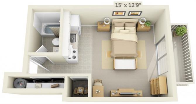 Floor plan for studio, 1 bath, 378 sqft
