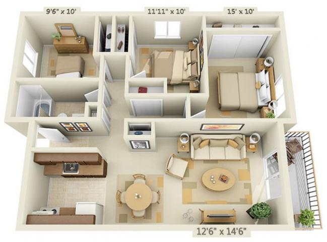 Floor plan for 3 beds, 1 bath, 982 sqft