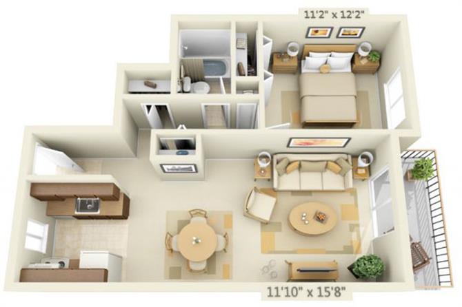 Floor plan for 1 bed, 1 bath, 673 sqft