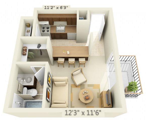 Floor plan for studio, 1 bath, 350 sqft