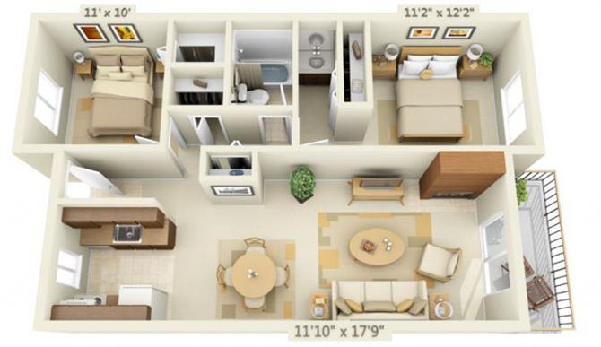 Floor plan for 2 beds, 1.3 baths, 886 sqft
