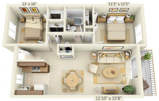 Floor plan for 2 beds, 1 bath, 803 sqft