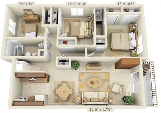 Floor plan for 3 beds, 1.5 baths, 1082 sqft