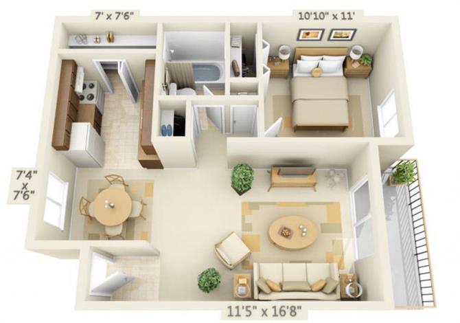 Floor plan for 1 bed, 1 bath, 592 sqft
