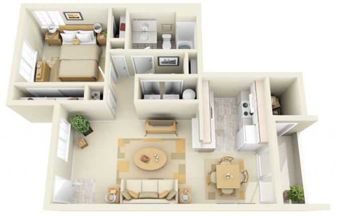 Floor plan for 1 bed, 1 bath, 699 sqft
