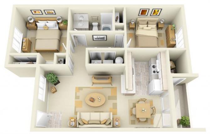 Floor plan for 2 beds, 1 bath, 821 sqft