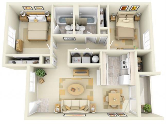 Floor plan for 2 beds, 2 baths, 893 sqft