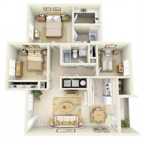 Floor plan for 3 beds, 2 baths, 1085 sqft