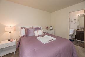 Sacramento apartment for rent - Model primary bedroom with a purple bedspread and a white nightstand with a lamp at Pheasant Pointe Apartments, California, 95833