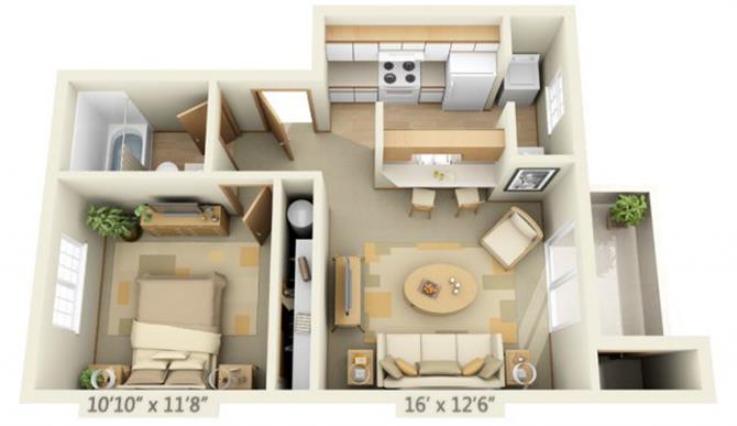 Floor plan for 1 bed, 1 bath, 513 sqft