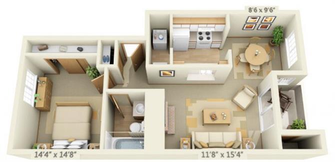 Floor plan for 1 bed, 1 bath, 666 sqft