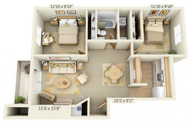 Floor plan for 2 beds, 1 bath, 837 sqft