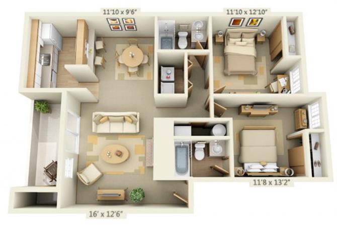 Floor plan for 2 beds, 2 baths, 946 sqft