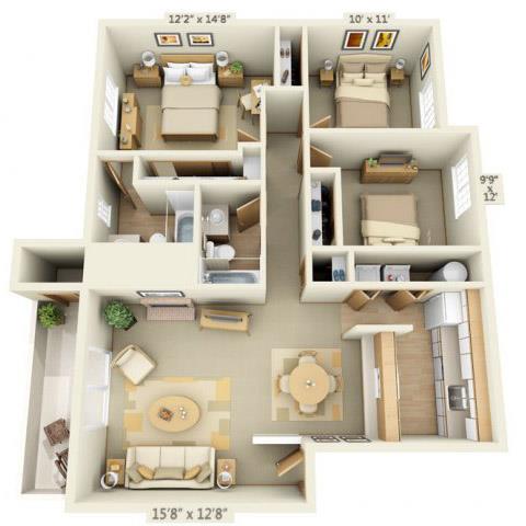 Floor plan for 3 beds, 2 baths, 1097 sqft