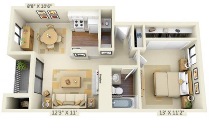 Floor plan for 1 bed, 1 bath, 636 sqft