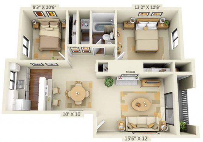 Floor plan for 2 beds, 1 bath, 840 sqft