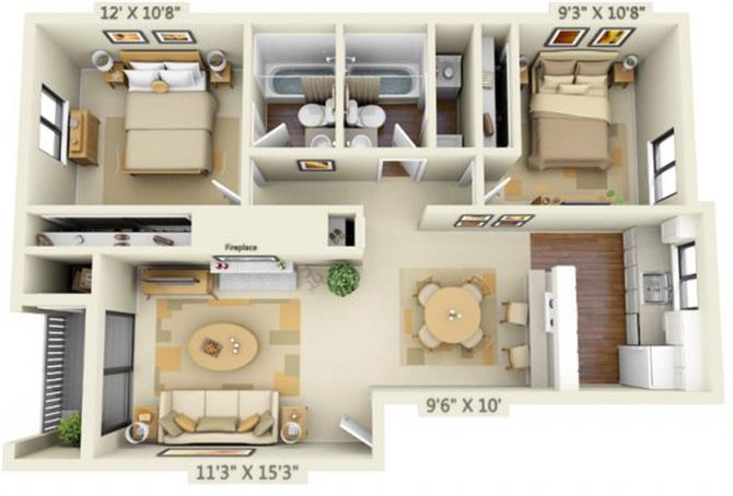Floor plan for 2 beds, 2 baths, 876 sqft