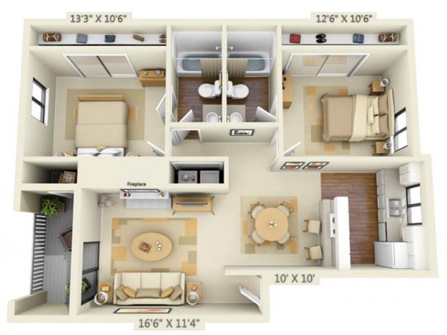 Floor plan for 2 beds, 2 baths, 956 sqft