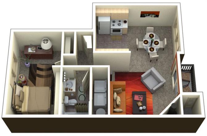Floor plan for 1 bed, 1 bath, 722 sqft