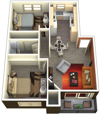 Floor plan for 2 beds, 1 bath, 947 sqft