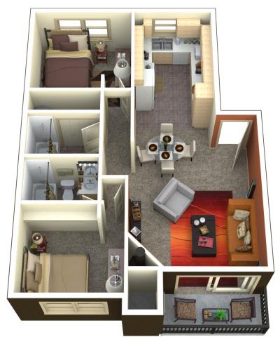 Floor plan for 2 beds, 2 baths, 1045 sqft