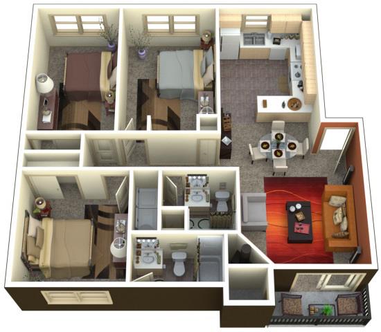 Floor plan for 3 beds, 2 baths, 1315 sqft