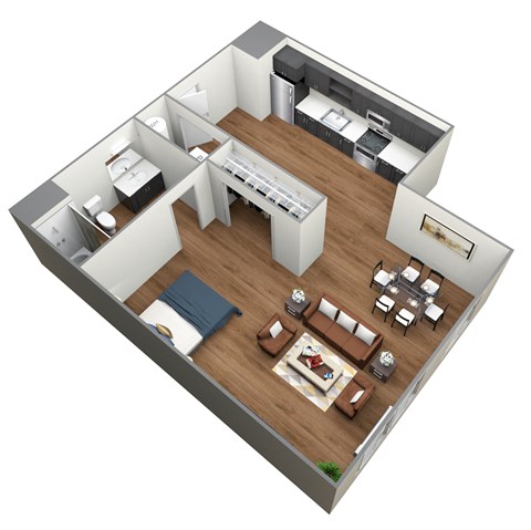 Floor plan for studio, 1 bath, 633 sqft