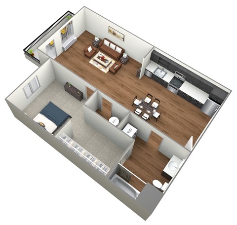 Floor plan for 1 bed, 1 bath, 691 sqft