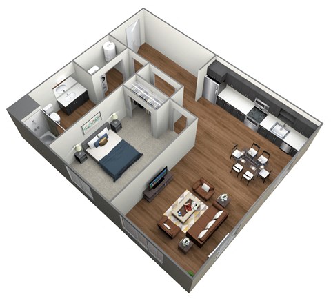 Floor plan for 1 bed, 1 bath, 704 sqft