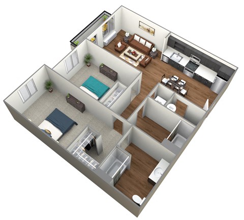 Floor plan for 2 beds, 2 baths, 965 sqft