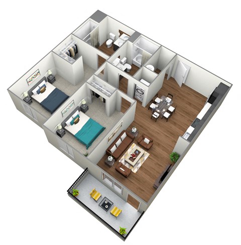 Floor plan for 2 beds, 2 baths, 989 sqft
