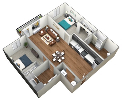 Floor plan for 2 beds, 2 baths, 960 sqft