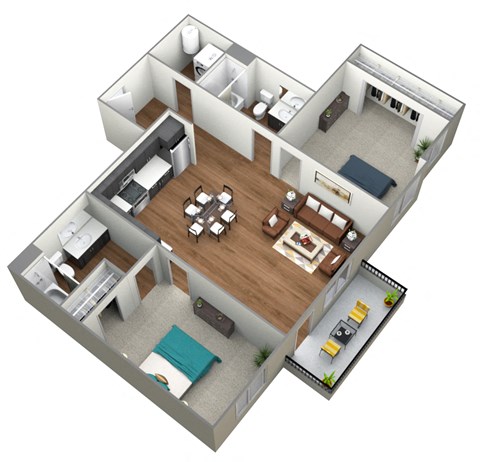 Floor plan for 2 beds, 2 baths, 1028 sqft