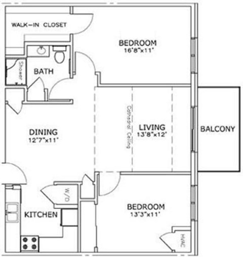 Floor plan for 2 beds, 1 bath, 928 sqft
