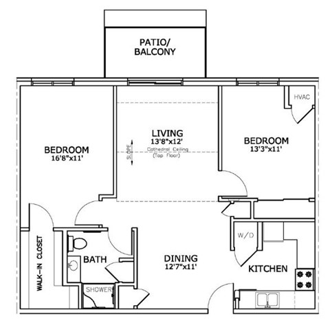 Floor plan for 2 beds, 1 bath, 1094 sqft