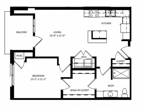 Floor plan for 1 bed, 1 bath, 822 sqft