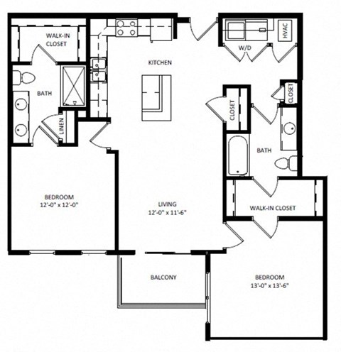Floor plan for 2 beds, 2 baths, 1132 sqft