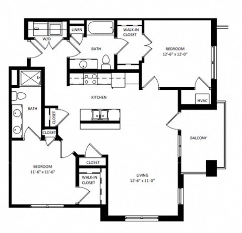 Floor plan for 2 beds, 2 baths, 1150 sqft